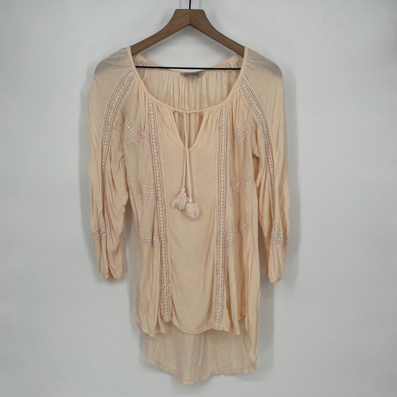 Lucky Brand Peachy Pink Lace Trim Tassel Tie Boho Peasant Blouse Top S - Picture 2 of 5